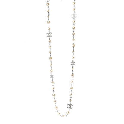Chanel Graduated Pearl Crystal CC Long Necklace Silver 1 of 5