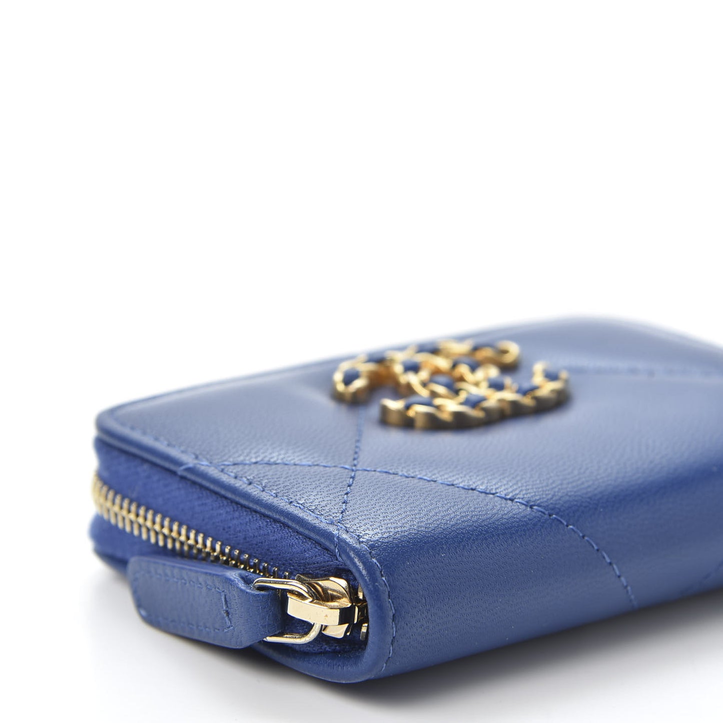 Goatskin Quilted 19 Zip Around Coin Purse Wallet Dark Blue