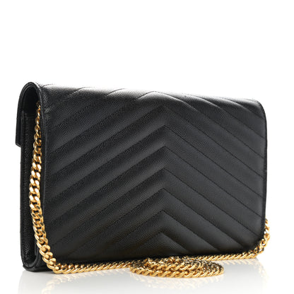 Saint Laurent Grain De Poudre Matelasse Chevron Monogram Chain Wallet Black 2 of 8
