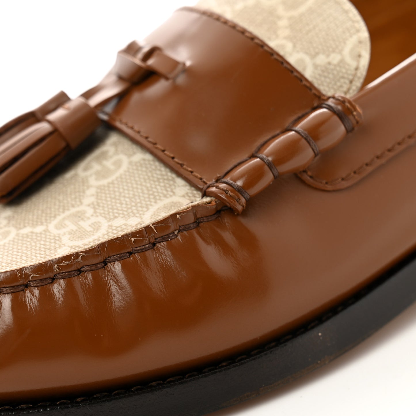 Calfskin GG Supreme Tassel Mens Loafers 8 Brown Beige Mystic White