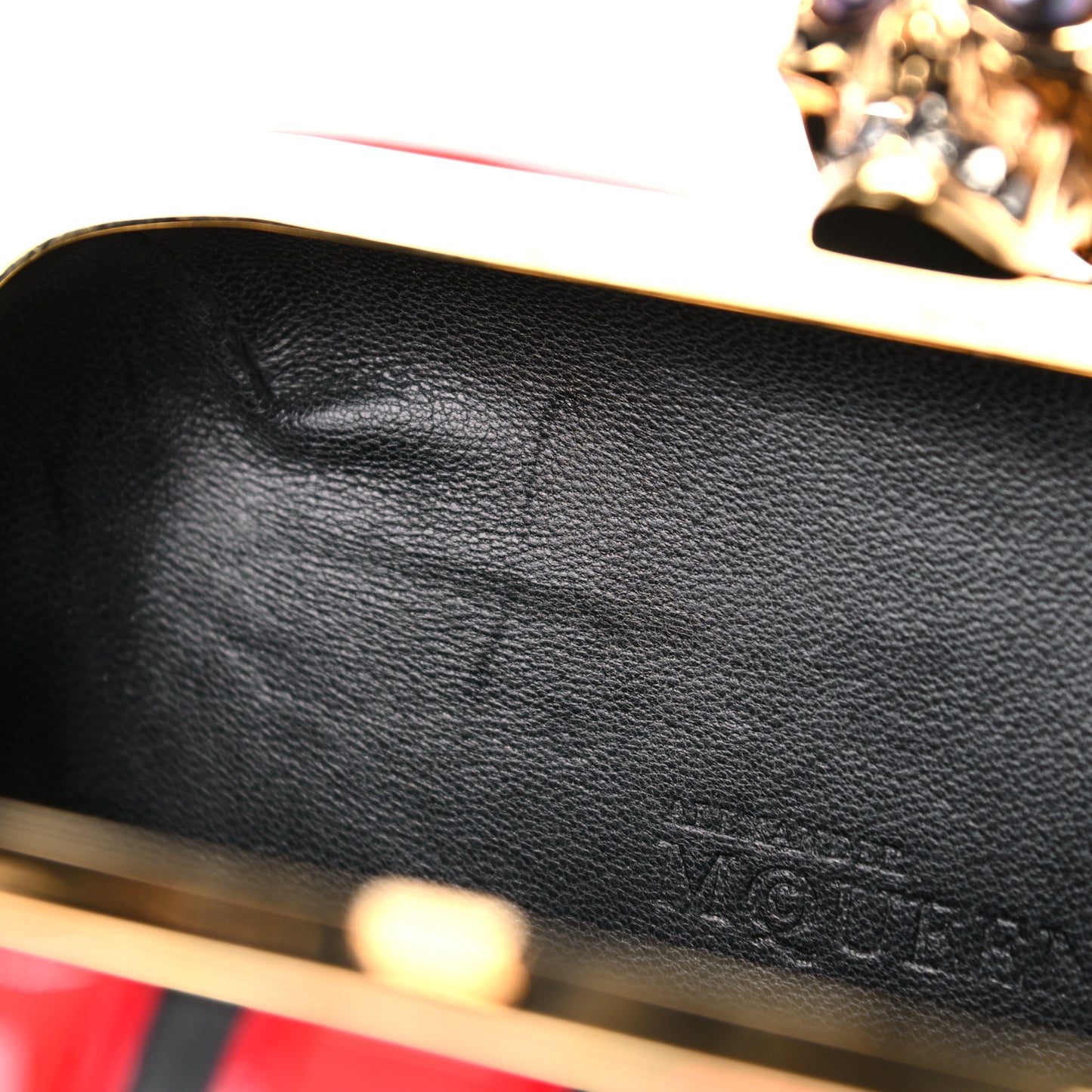 Patent Calfskin Britannia Skull Box Clutch Red Black