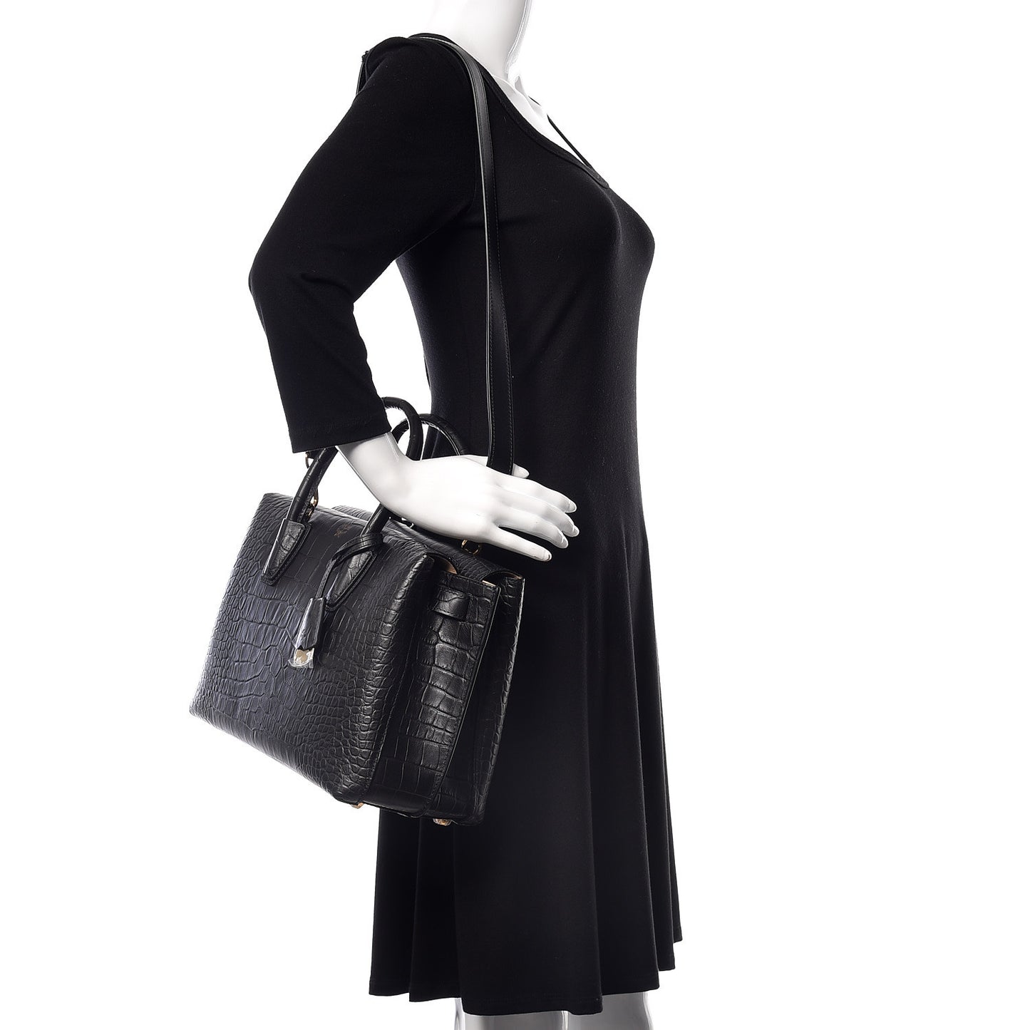 Calfskin Crocodile Embossed Medium Milla Tote Black
