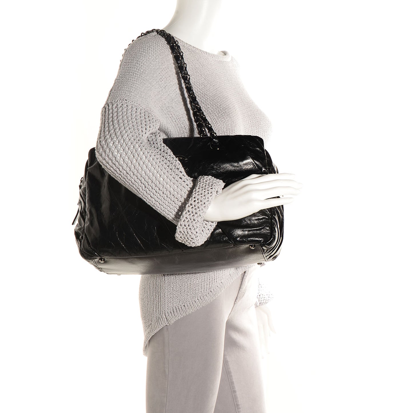 Glazed Calfskin Twisted Large Tote Black