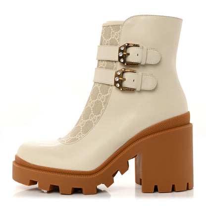 Gucci Kensington Calfskin Nappa GG Supreme Monogram Womens Double Buckle Ankle Boots 40 Mystic White Beige 1 of 10
