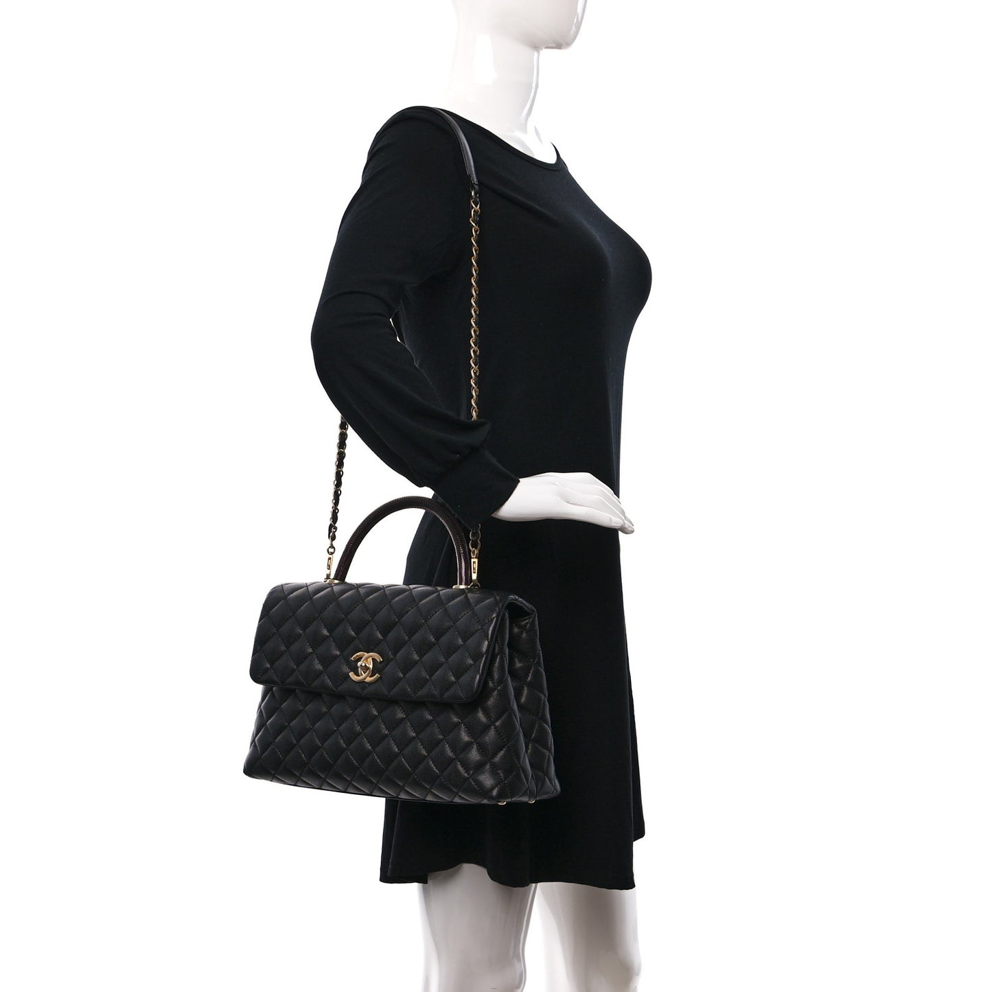 Caviar Lizard Quilted Medium Coco Handle Flap Black