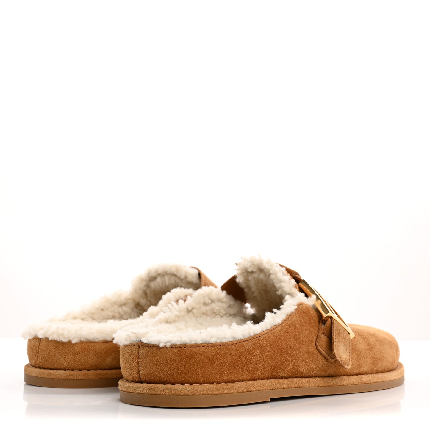Suede Shearling Fendi Feel Buckled Clogs 38 Caramel Latte