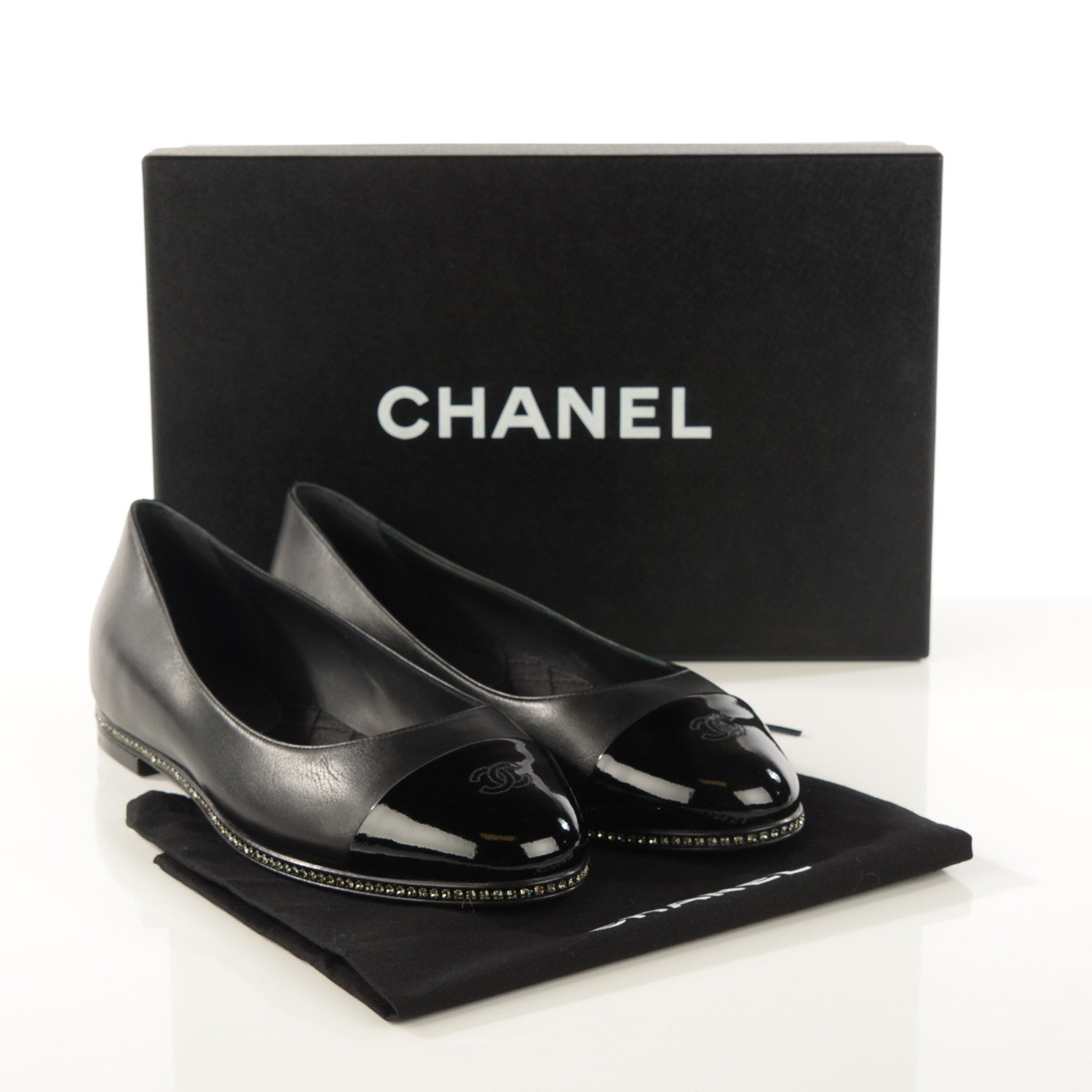 Chanel Patent Lambskin Crystal CC Cap Toe Ballerina Flats 38 Black 5 of 8