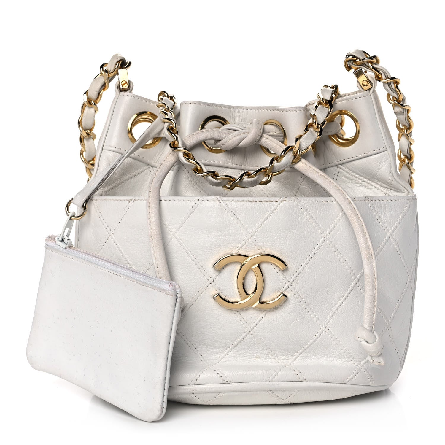 Chanel Calfskin Quilted CC Drawstring Bag White 1 of 12
