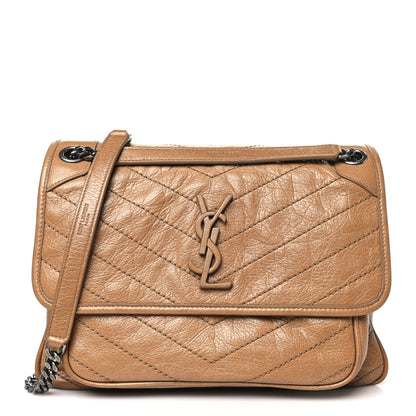 Saint Laurent Crinkled Calfskin Matelasse Monogram Medium Niki Chain Satchel Natural Tan 1 of 12