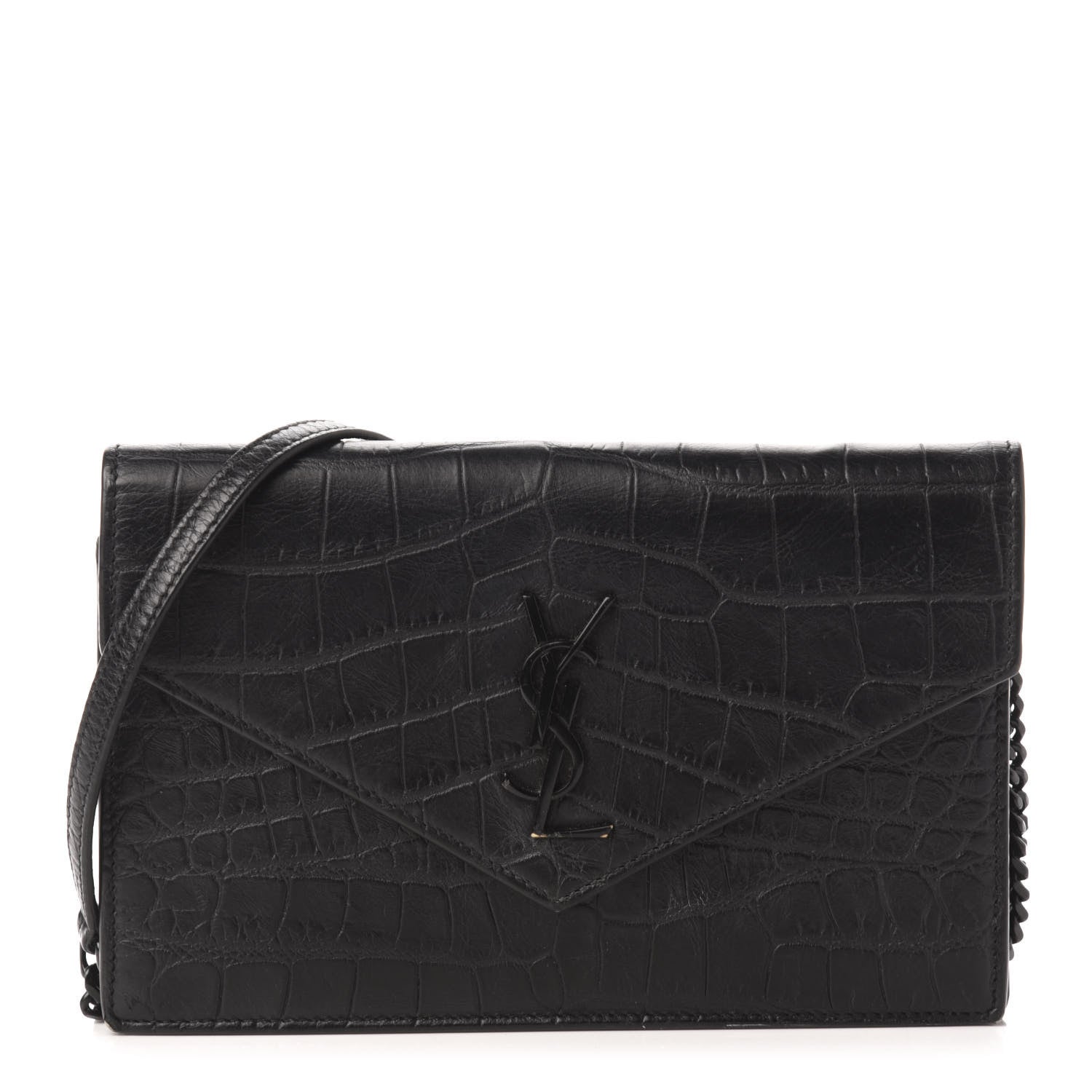 Saint Laurent Calfskin Crocodile Embossed Monogram Envelope Chain Wallet Black 1 of 12