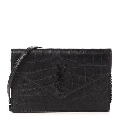 Saint Laurent Calfskin Crocodile Embossed Monogram Envelope Chain Wallet Black 1 of 12