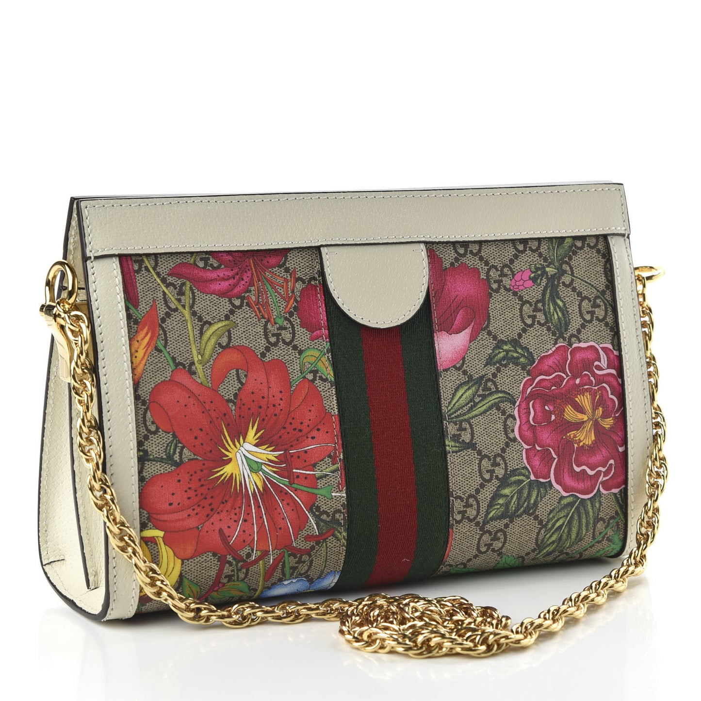 GG Supreme Monogram Flora Web Small Ophidia Chain Shoulder Bag White