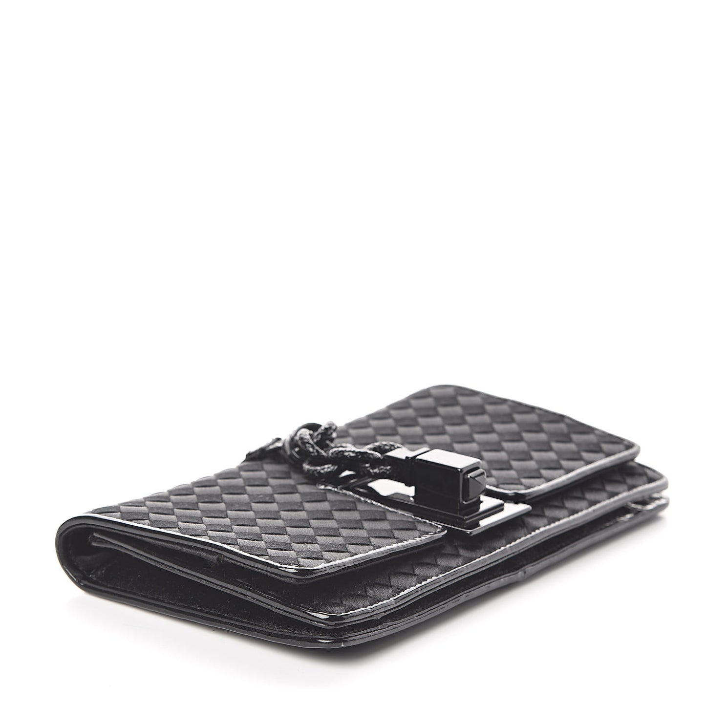 Satin Patent Intrecciato Flap Clutch Black