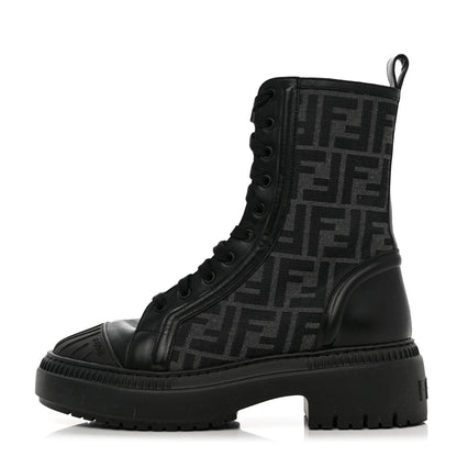 Fendi Fabric Jacquard Vitello FF Domino 50mm Biker Boots 38 Black Asfalto 1 of 8