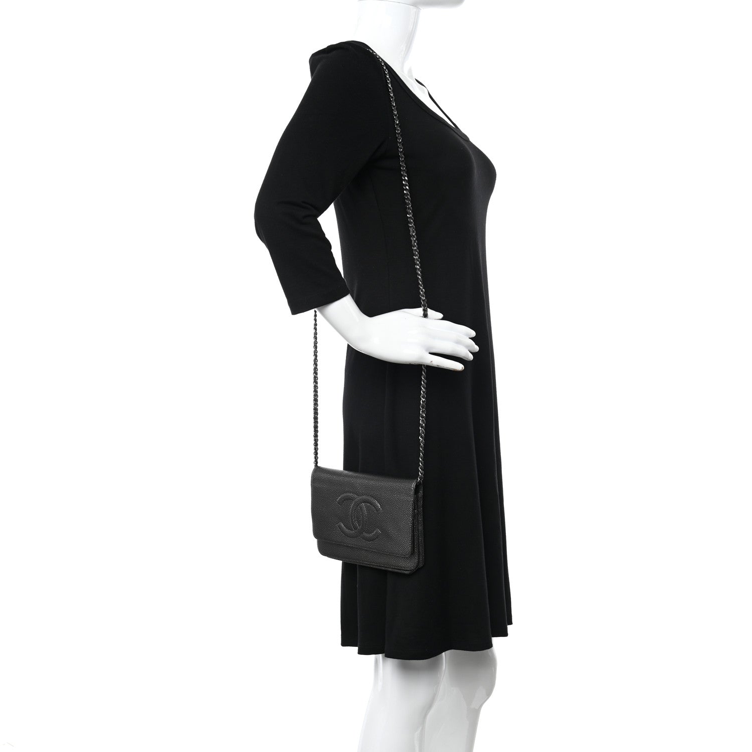 Chanel Metallic Caviar Timeless CC Wallet On Chain WOC Grey 2 of 11