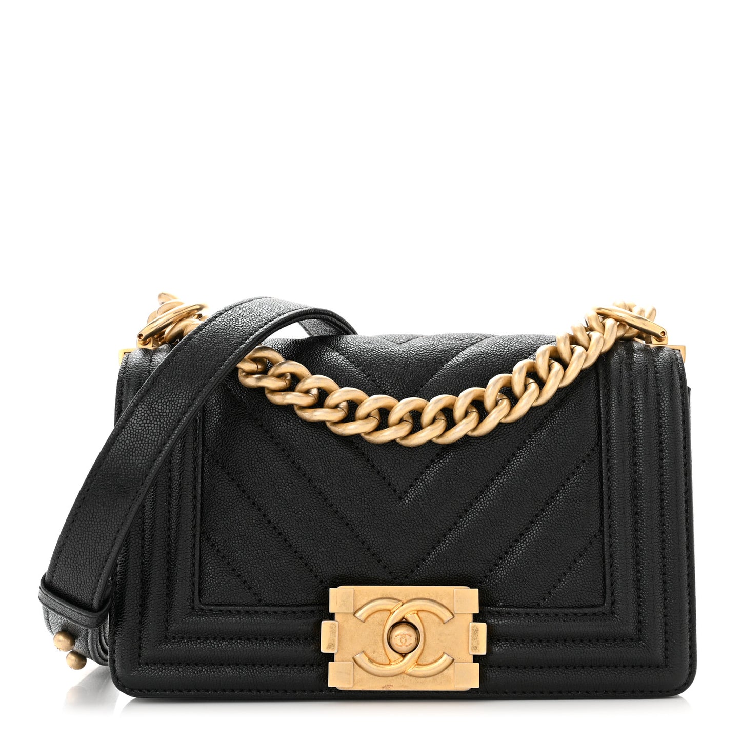 Caviar Chevron Quilted Small Boy Flap Black