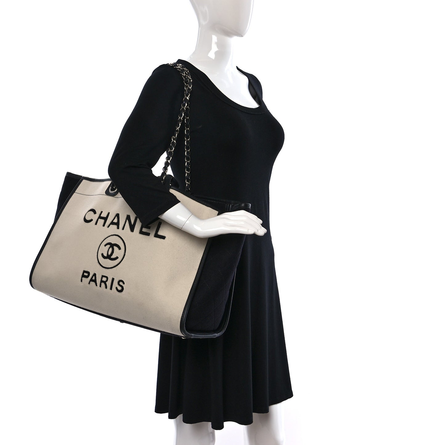 Wool Felt Calfskin Large Deauville Tote White Black