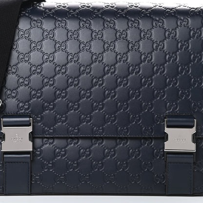 Gucci Guccissima Signature Medium Double Buckle Flap Messenger Bag Blue 8 of 11