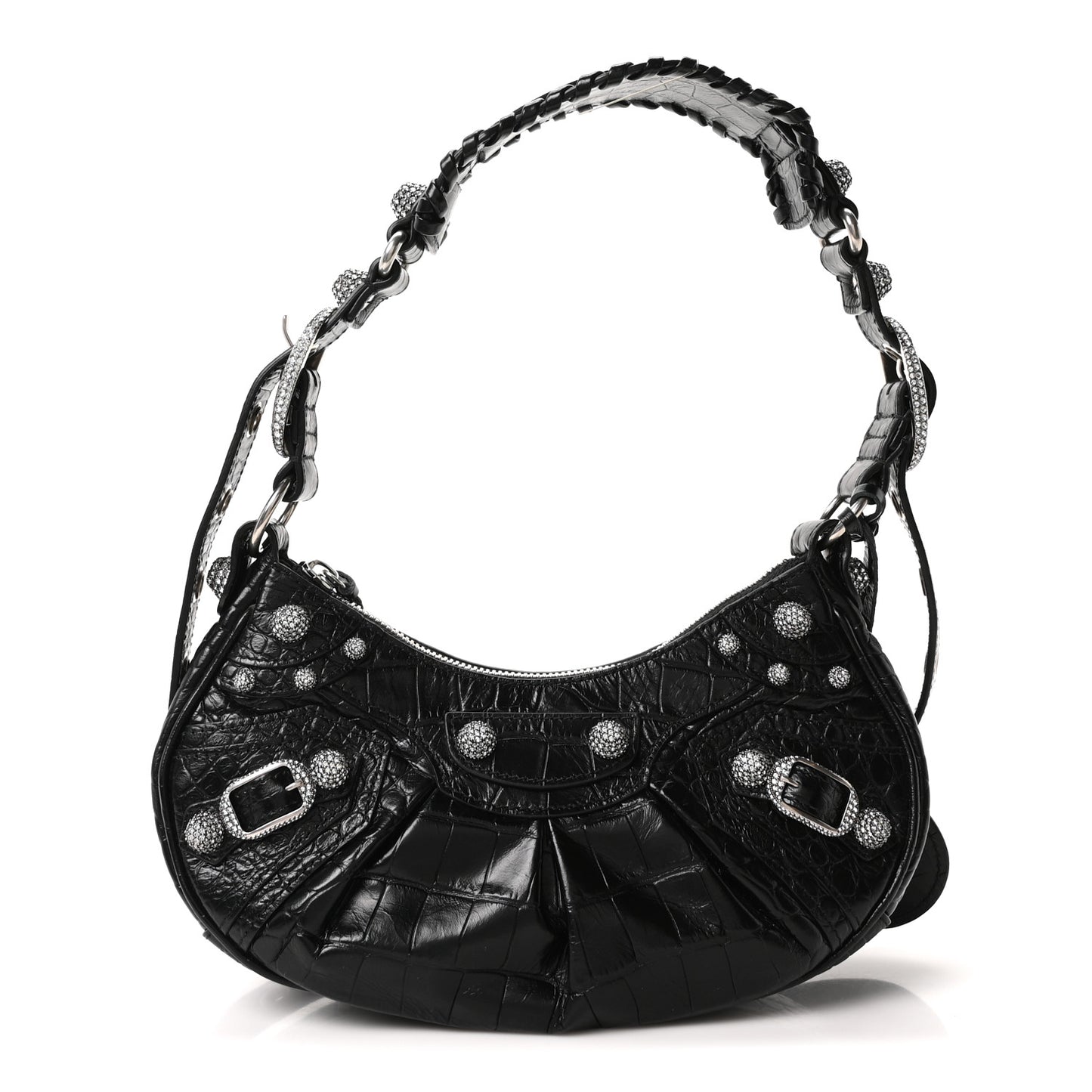Extra Supple Calfskin Crystal Crocodile Embossed Le Cagole Shoulder Bag XS Black