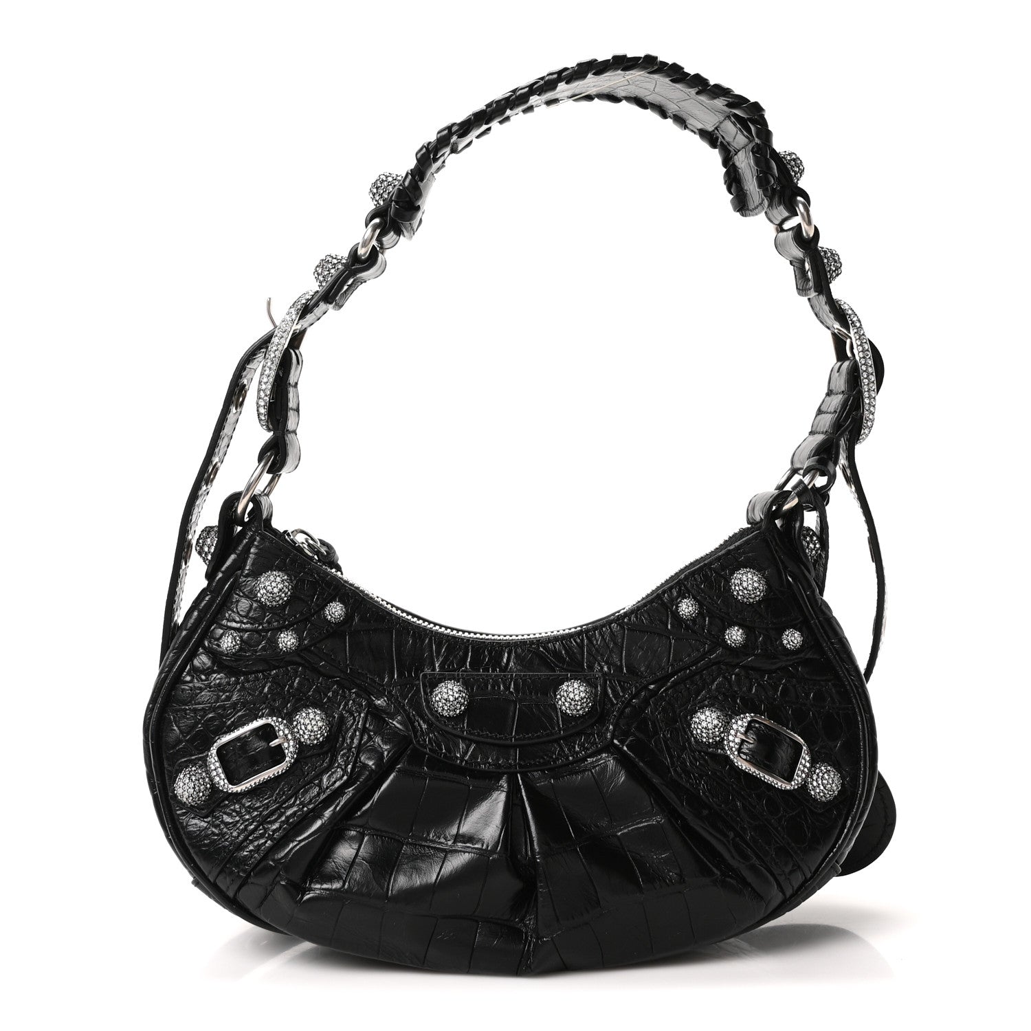 Balenciaga Extra Supple Calfskin Crystal Crocodile Embossed Le Cagole Shoulder Bag XS Black 1 of 11