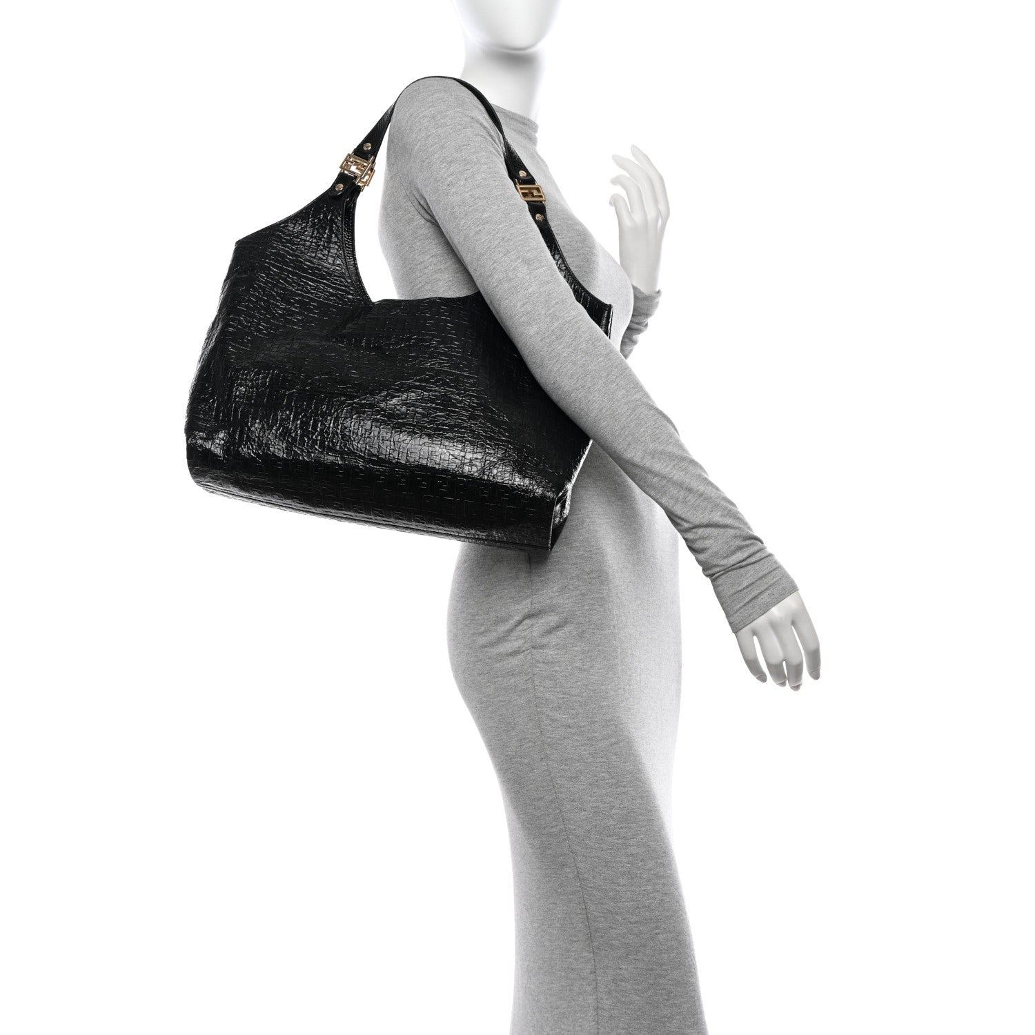 Fendi Crinkled Patent FF Hobo Shoulder Bag Black 2 of 11