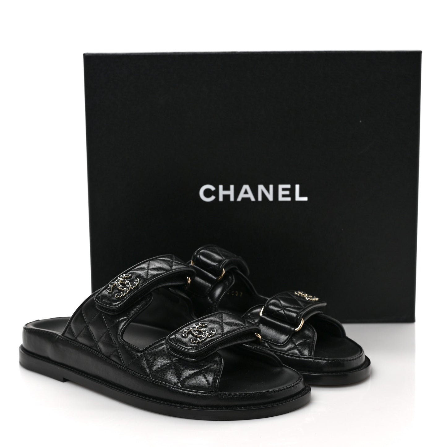 Lambskin Quilted Velcro Dad Chain CC Slide Sandals 36.5 Black