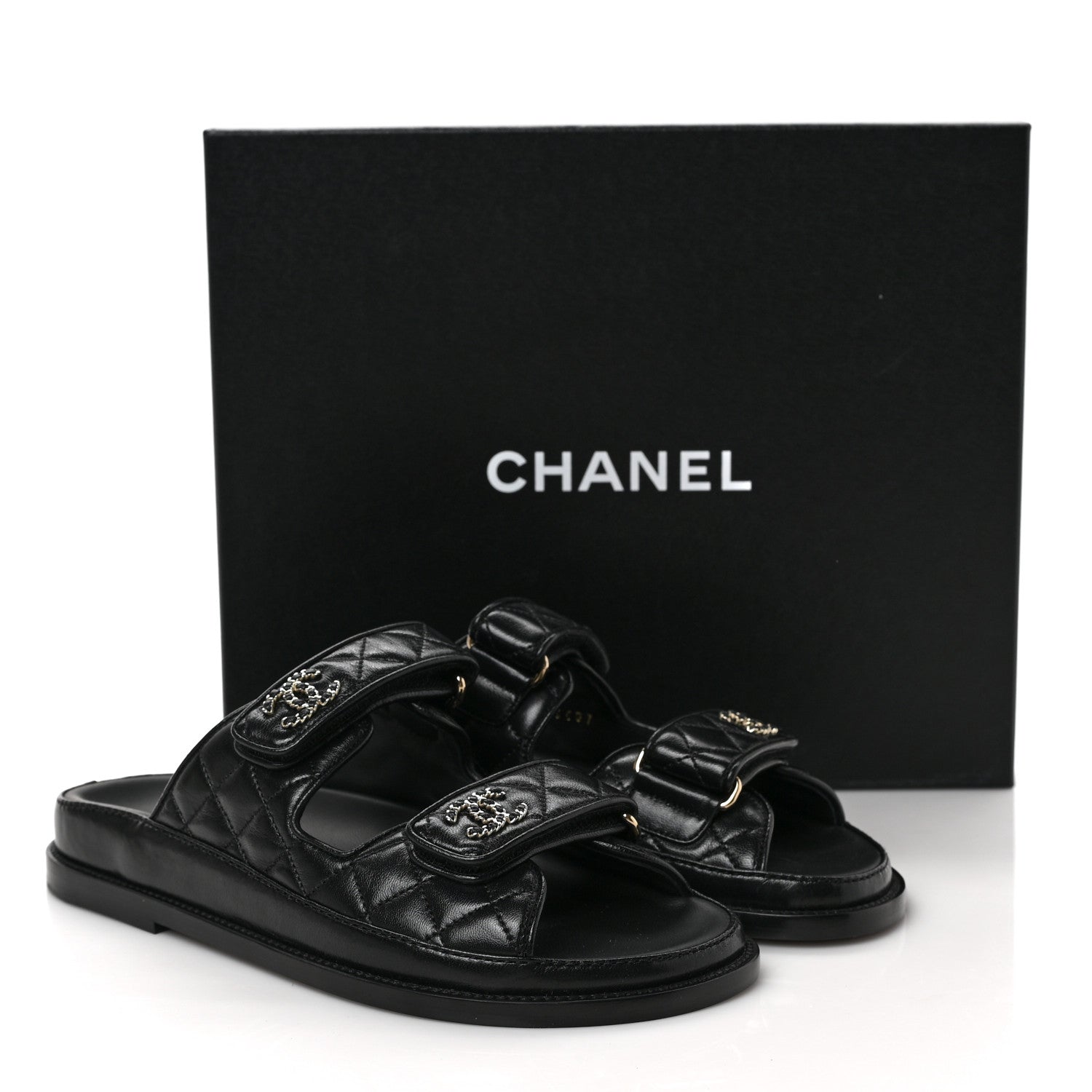 Chanel Lambskin Quilted Velcro Dad Chain CC Slide Sandals 36.5 Black 9 of 9