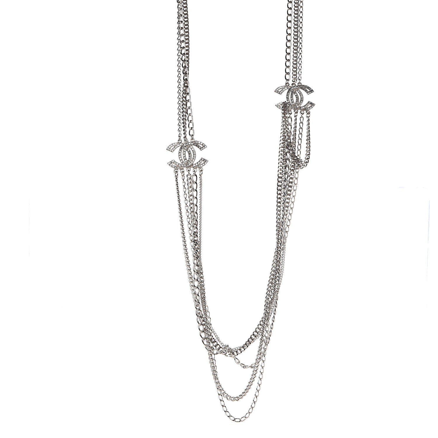 Chanel Baguette Crystal CC Multi Strand Chain Necklace Silver 1 of 6