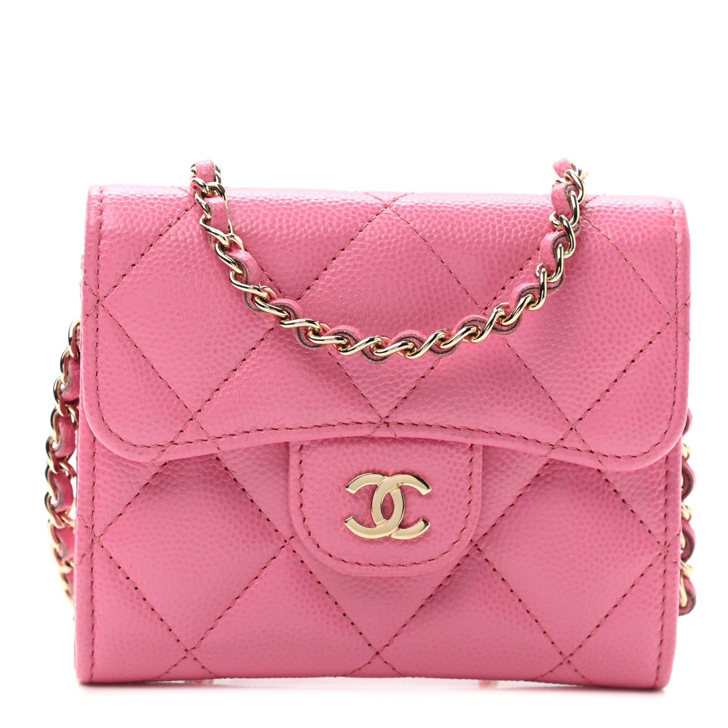 Caviar Quilted Flap Card Holder On Chain Pink