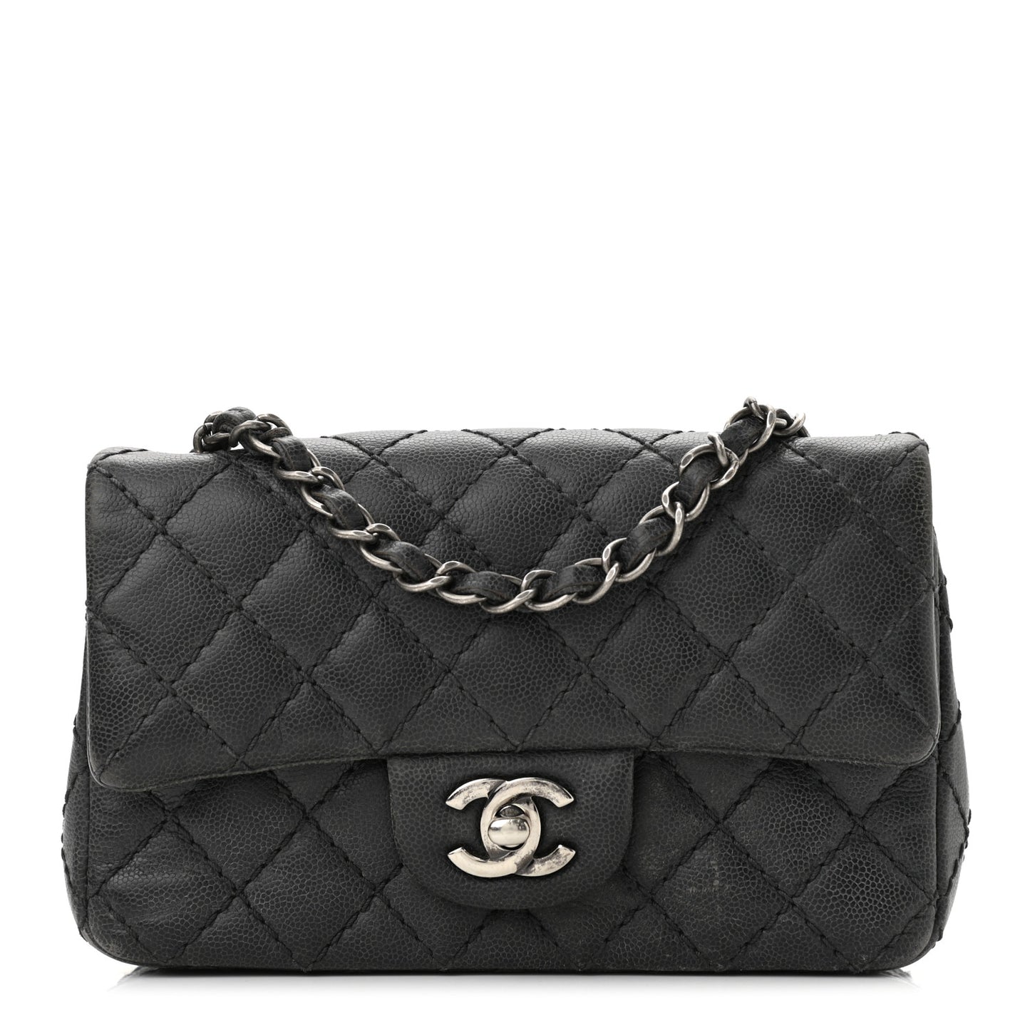 Washed Caviar Quilted Mini Rectangular Flap Charcoal