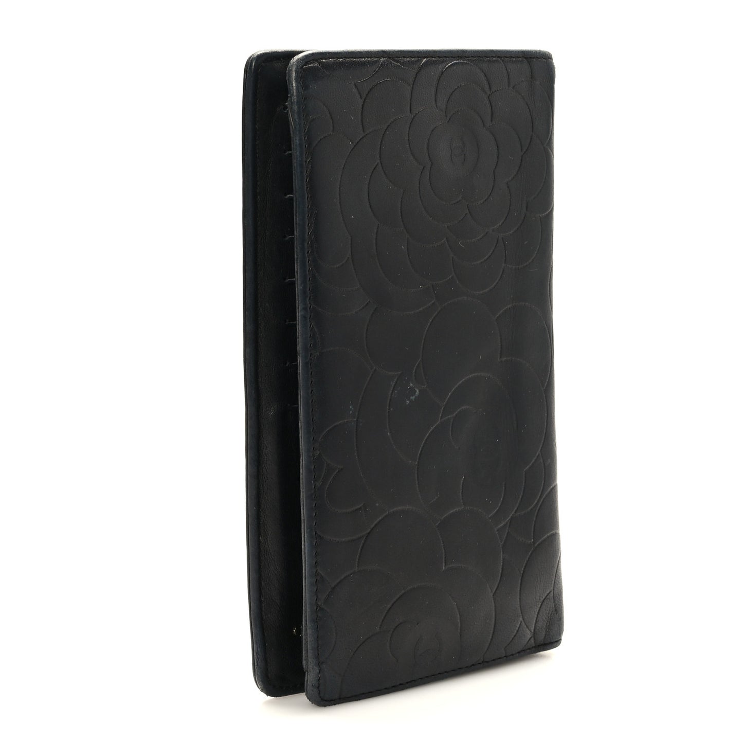Lambskin Camellia Embossed Yen Wallet Black