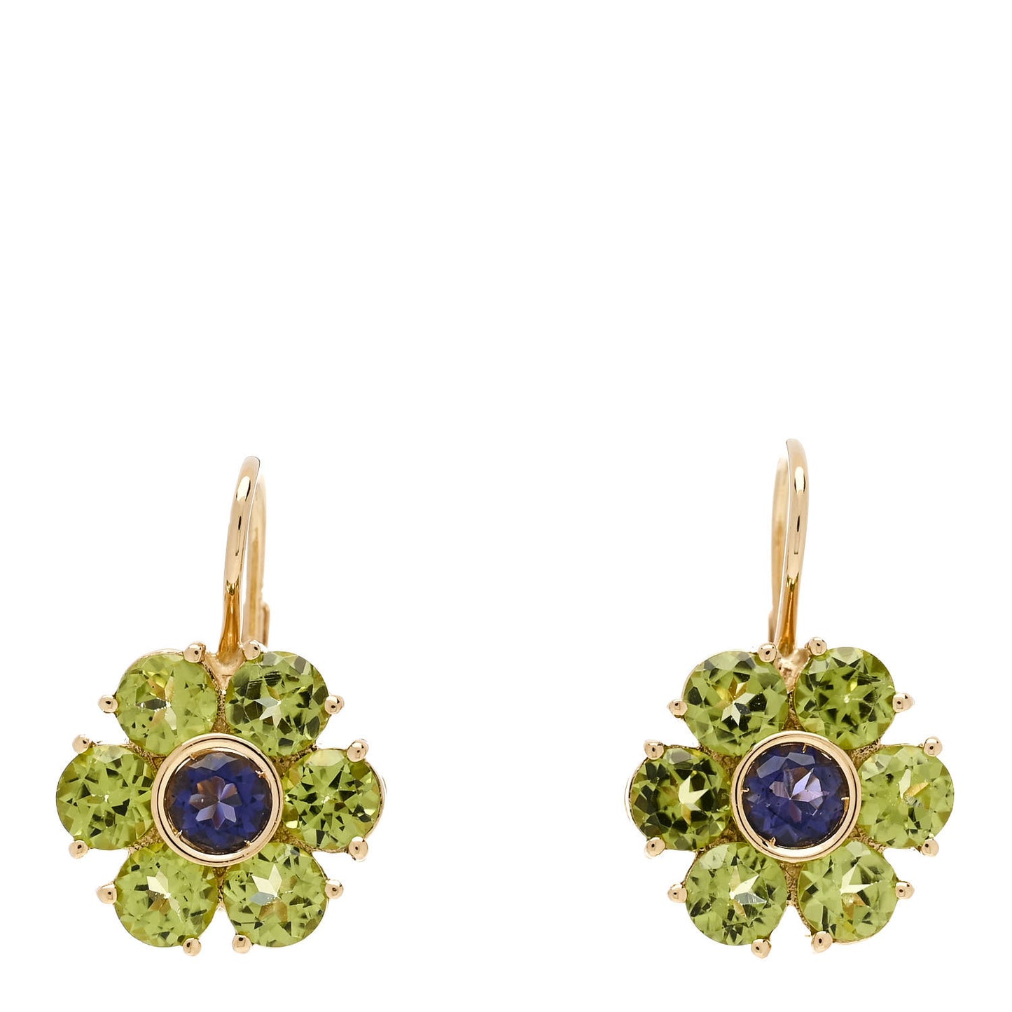 18K Yellow Gold Peridot Iolite Flower Drop Earrings