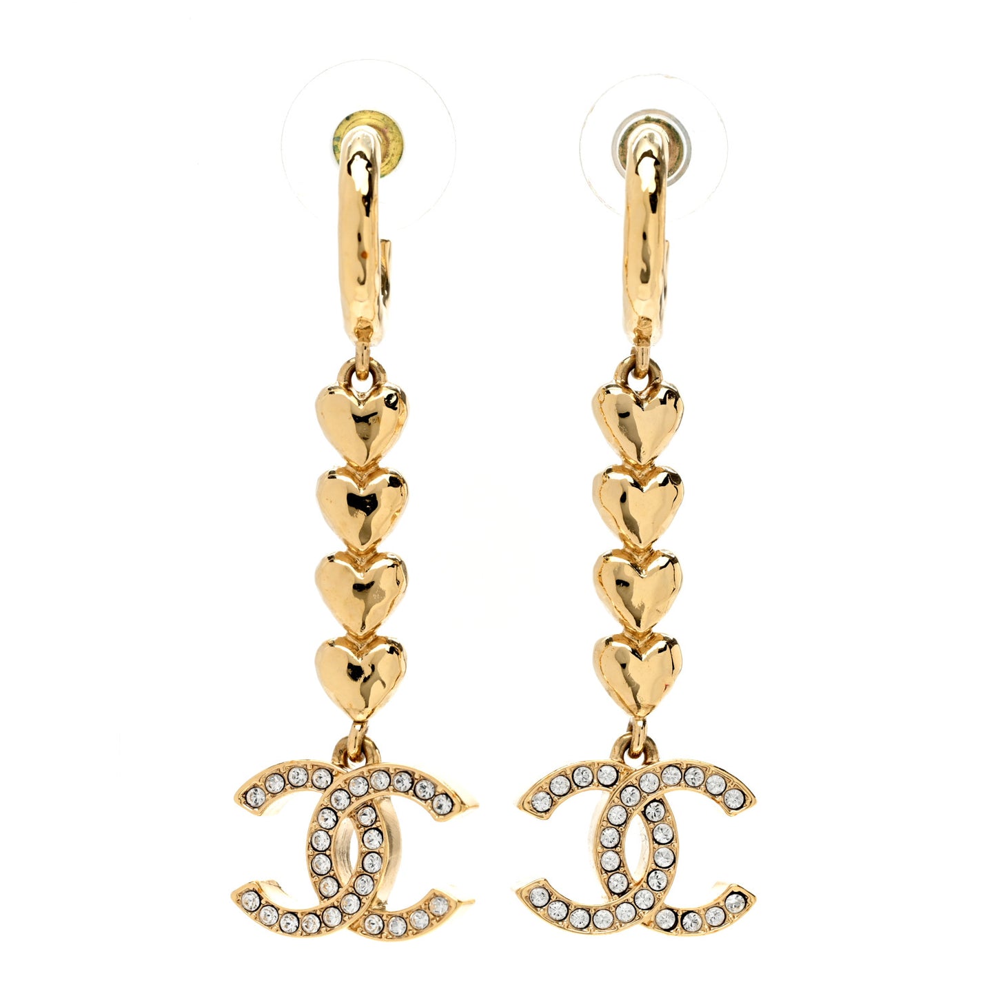 Metal Crystal CC Heart Hoop Long Drop Earrings Gold