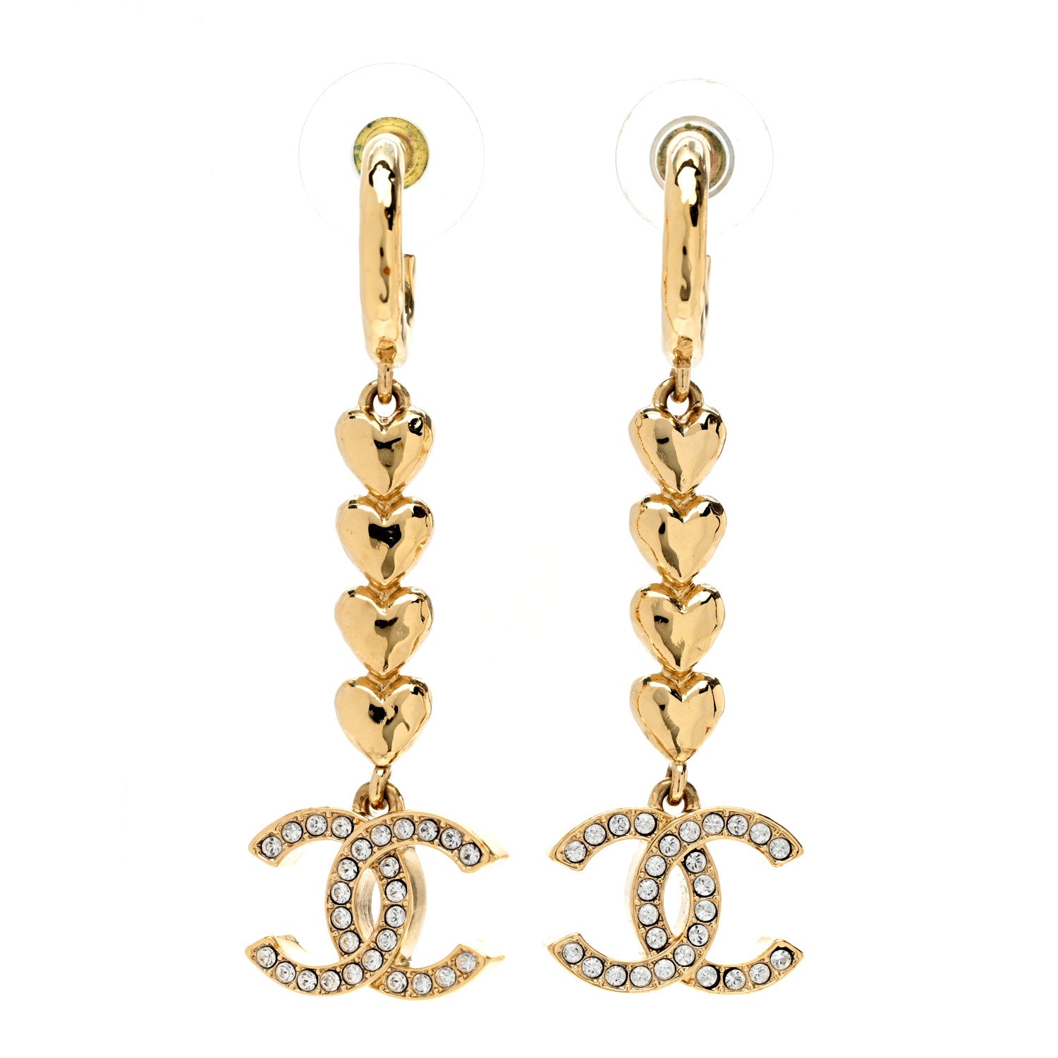 Chanel Metal Crystal CC Heart Hoop Long Drop Earrings Gold 1 of 5