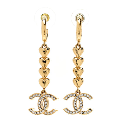 Chanel Metal Crystal CC Heart Hoop Long Drop Earrings Gold 1 of 5