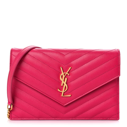 Saint Laurent Grain De Poudre Matelasse Chevron Monogram Envelope Chain Wallet Fresh Fuchsia 1 of 13