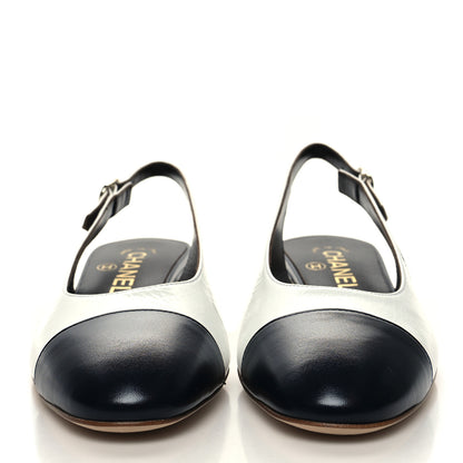 Chanel Calfskin Cap Toe CC Slingback Pumps 37.5 White Dark Navy 2 of 9