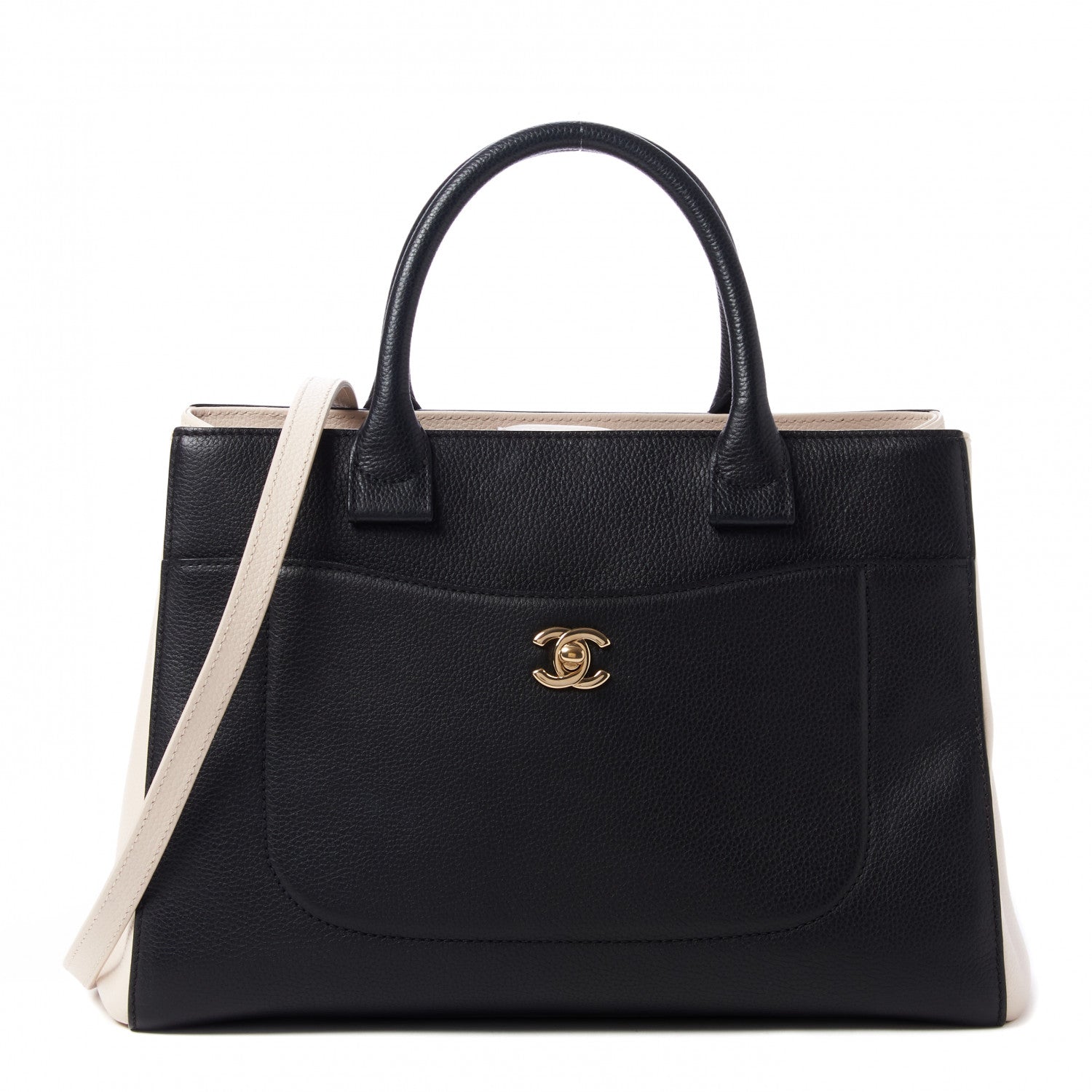 Chanel Grained Calfskin Small Bi-Color Neo Executive Shopper Tote Black Beige 1 of 10