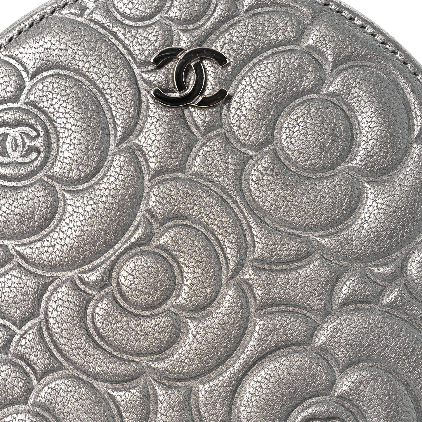 Goatskin Camellia Embossed Round Clutch With Chain Grey