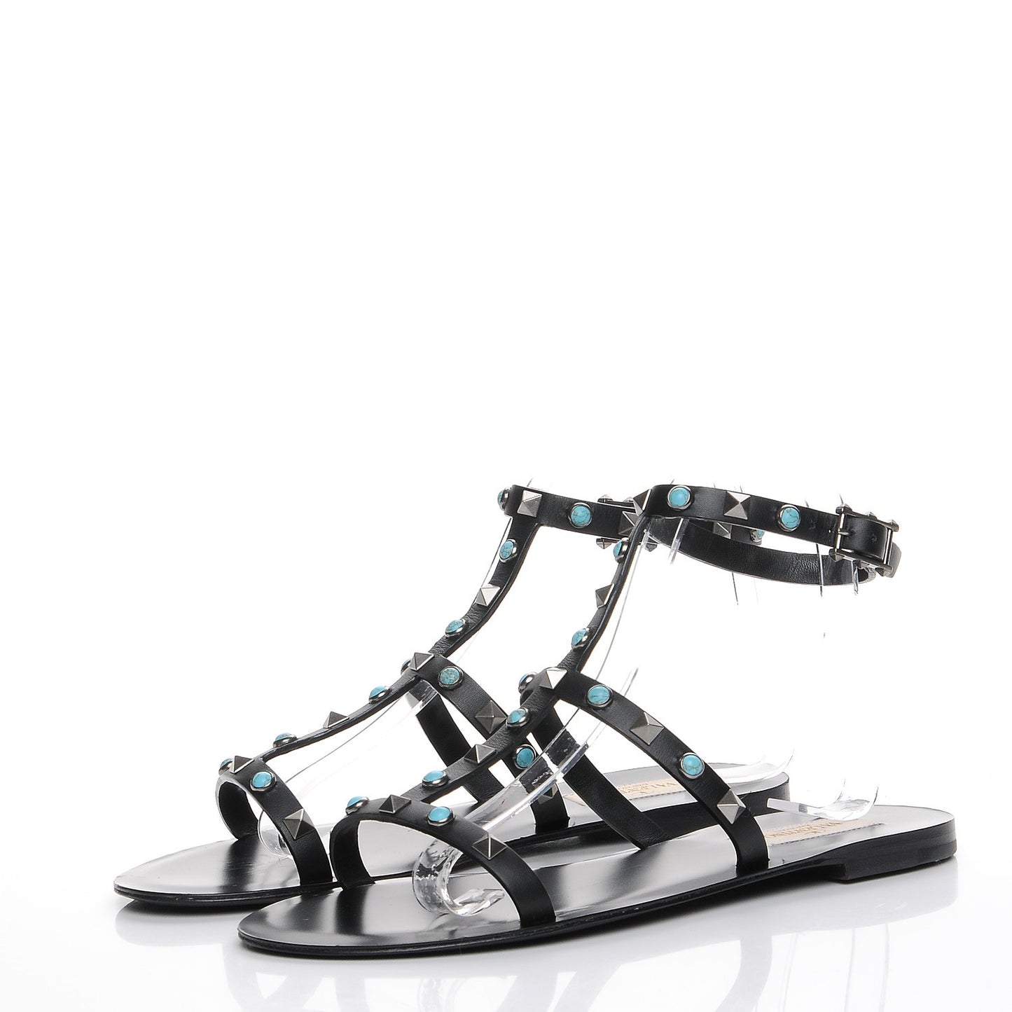 Calfskin Rockstud Rolling Ankle Strap Flat Sandals 36.5 Black