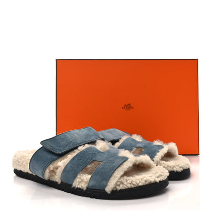 Hermes Suede Goatskin Woolskin Womens Chypre Sandals 37.5 Bleu Pinede Ecru 8 of 8
