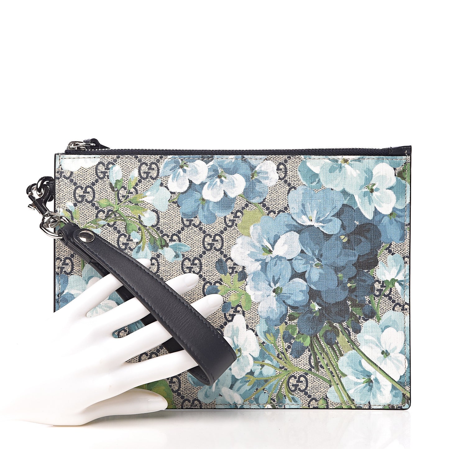 GG Supreme Monogram Blooms Small Zip Wristlet Pouch Beige Blue Black