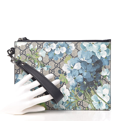 Gucci GG Supreme Monogram Blooms Small Zip Wristlet Pouch Beige Blue Black 2 of 7