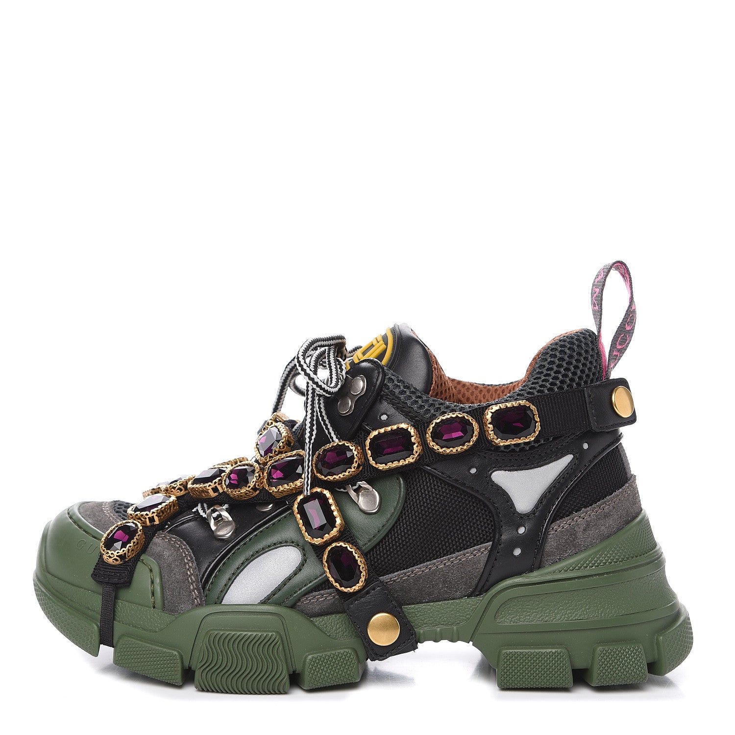 Gucci X SEGA Mesh Suede Calfskin Removable Crystals Flashtrek Sneakers 36 Loess Black Olive Green 1 of 9