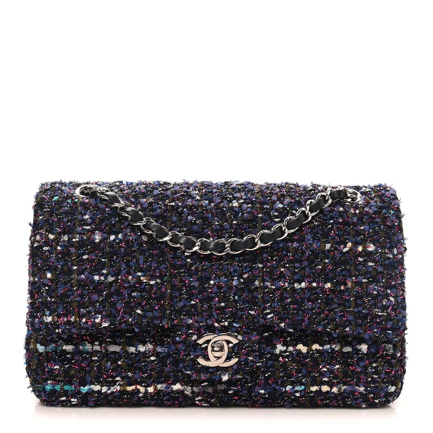 Chanel Tweed Quilted Medium Double Flap Blue Purple Khaki Pink 1 of 10