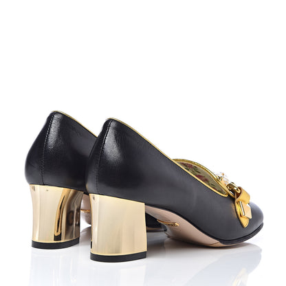 Gucci Malaga Kid Nappa GG Supreme Monogram Tiger Head Mid Heel Loafer Pumps 35.5 Black Oro Vecchio Beige 4 of 9