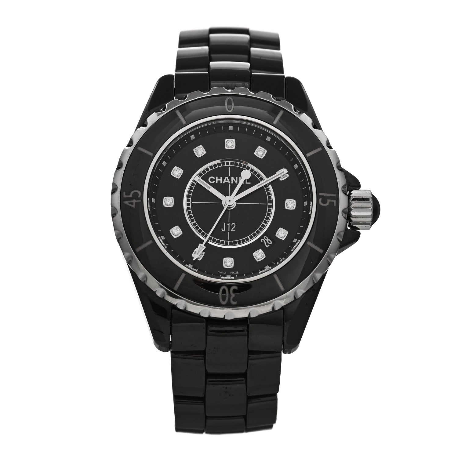 Chanel Stainless Steel Ceramic Diamond 33mm J12 Quartz Watch Black 1 of 4