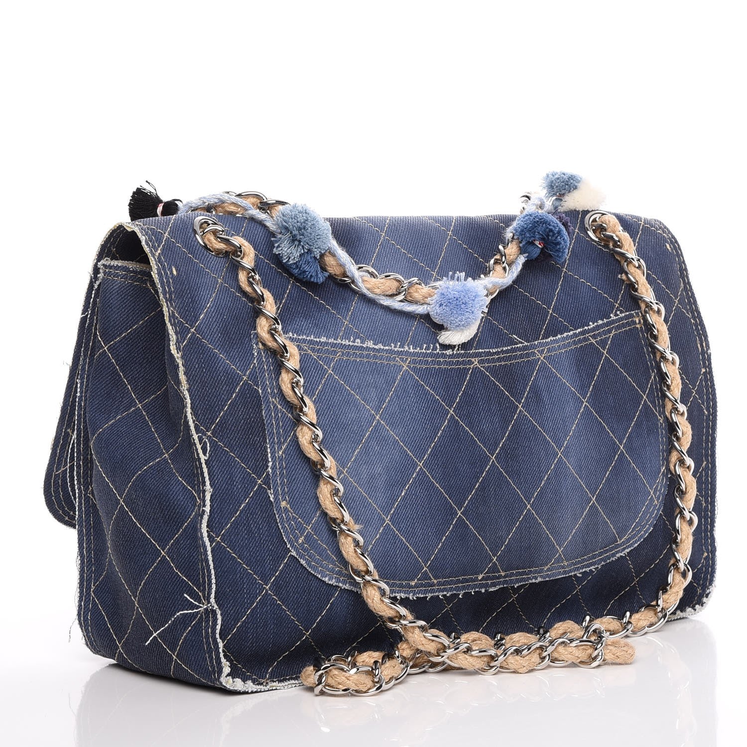 Chanel Denim Quilted Jumbo Pompom Flap Dark Blue 3 of 7