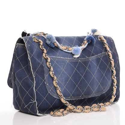 Chanel Denim Quilted Jumbo Pompom Flap Dark Blue 3 of 7