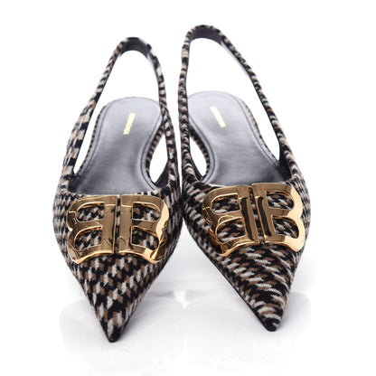 Balenciaga Tweed Prince Of Wales BB Knife Pointy Toe Slingback Flats 38 Camel Black 5 of 11